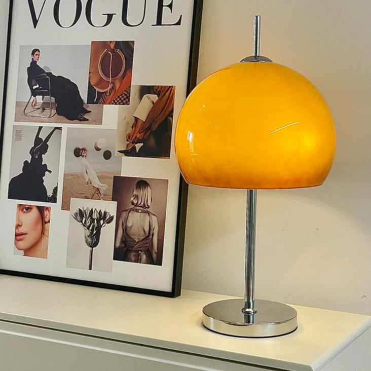 Mushroom Lamp For Tabletop In Bauhaus Style With Amber Glass Shade