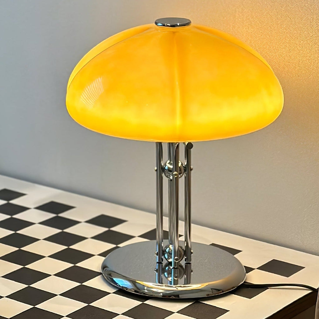 Mushroom Lamp For Tabletop In Bauhaus Style With Amber Glass Shade