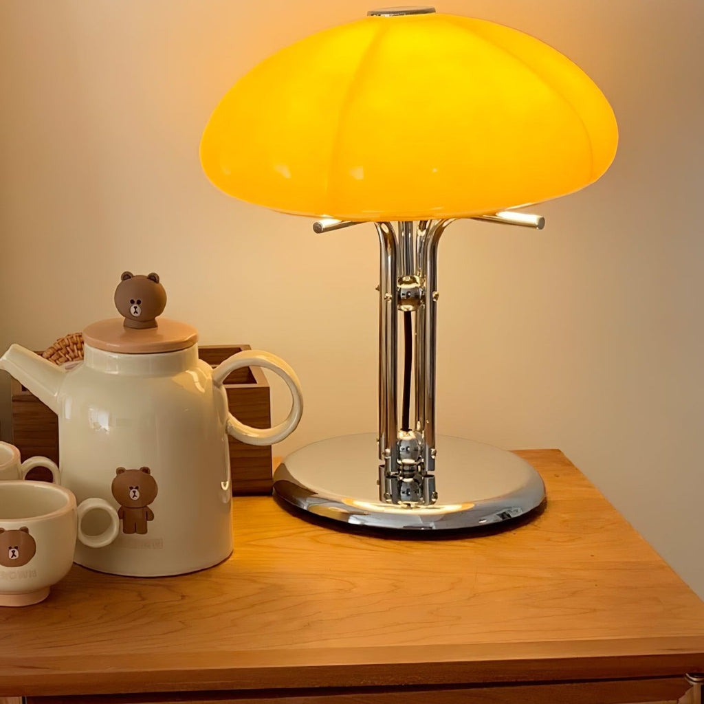 Mushroom Lamp For Tabletop In Bauhaus Style With Amber Glass Shade