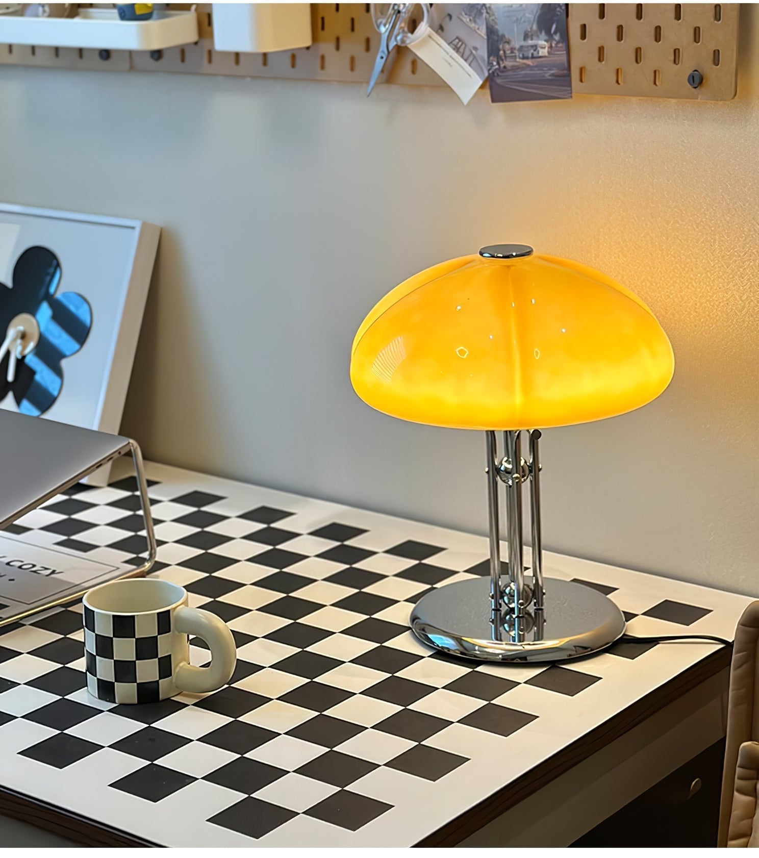 Mushroom Lamp For Tabletop In Bauhaus Style With Amber Glass Shade