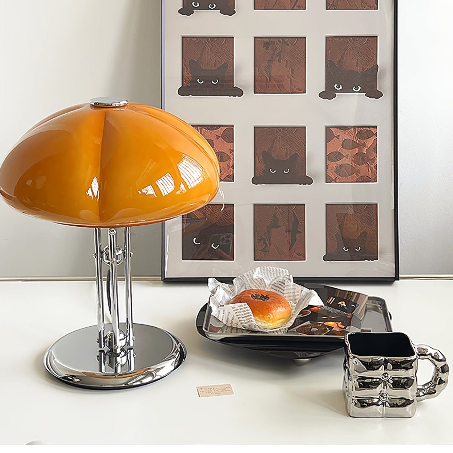 Mushroom Lamp For Tabletop In Bauhaus Style With Amber Glass Shade