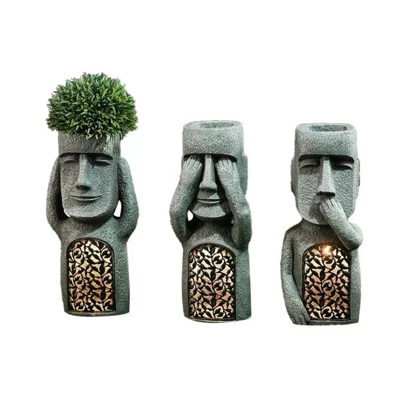 Moai-Style Garden Planter With LED Light For Outdoor Decor