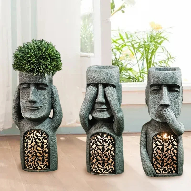 Moai-Style Garden Planter With LED Light For Outdoor Decor