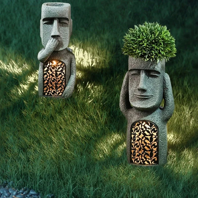 Moai-Style Garden Planter With LED Light For Outdoor Decor
