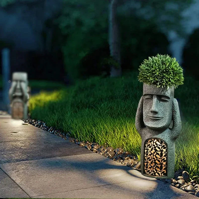 Moai-Style Garden Planter With LED Light For Outdoor Decor