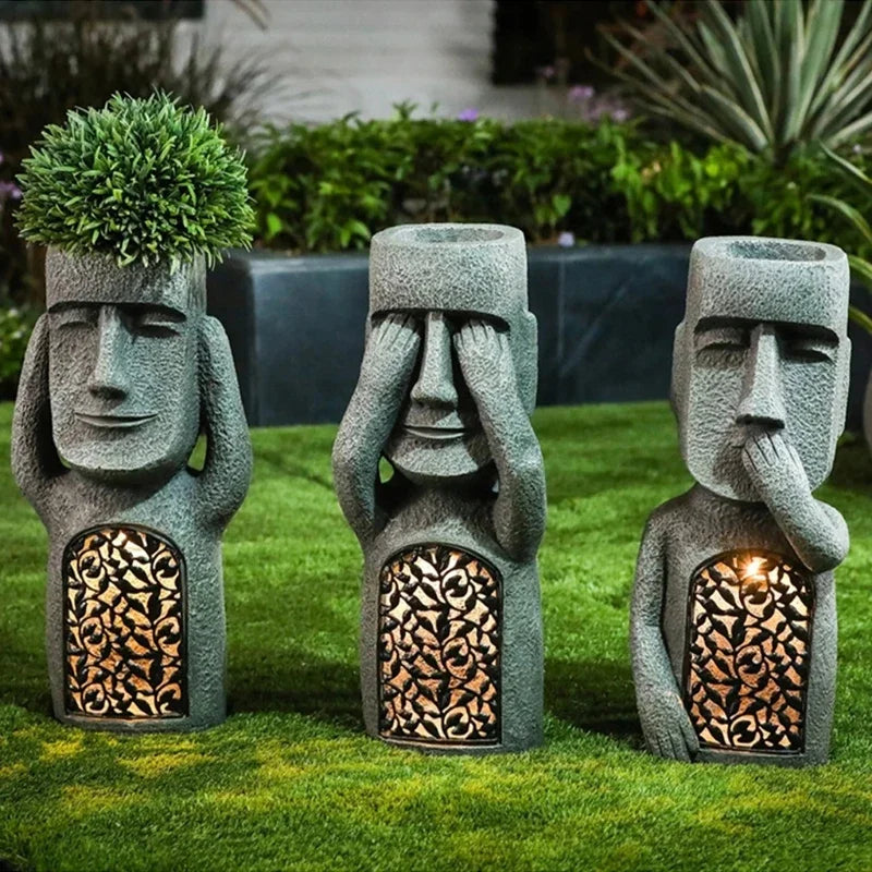 Moai-Style Garden Planter With LED Light For Outdoor Decor