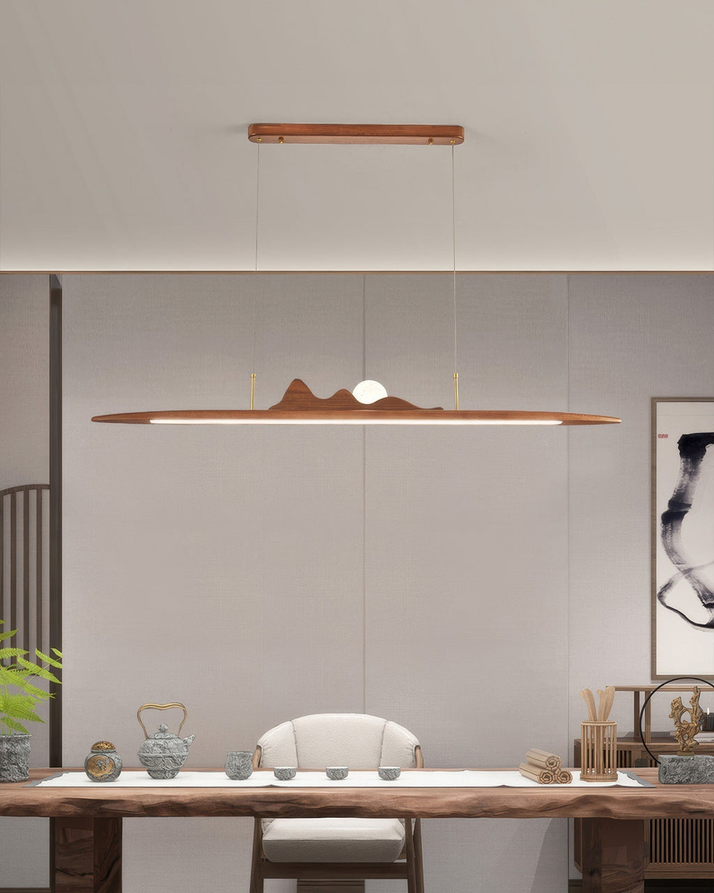 Wooden Pendant Lamp With One Line Silhouette For Modern Rooms