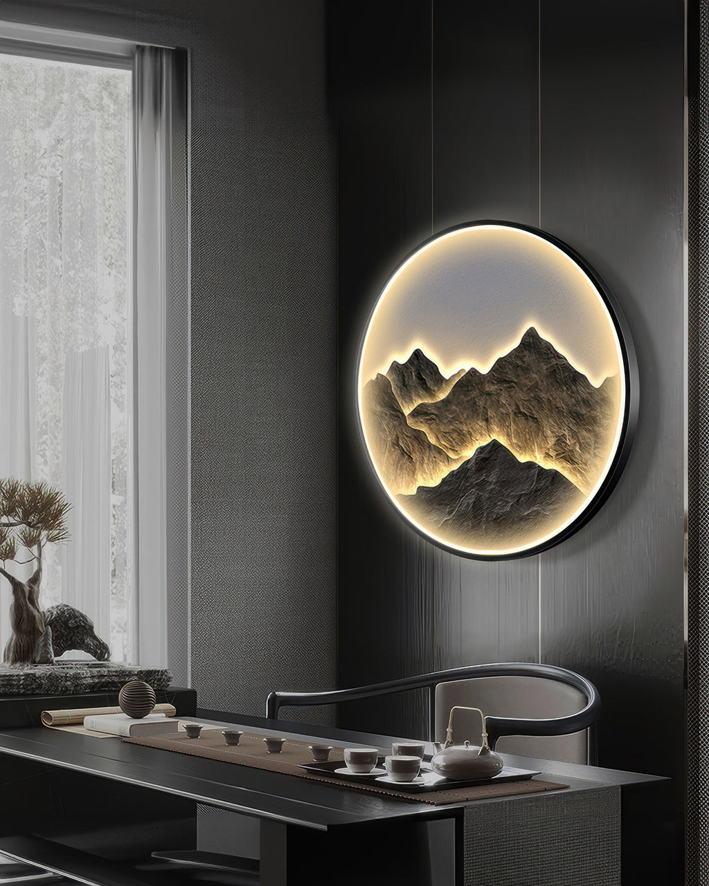 Silhouette Circle Wall Decor With Mountain Refuge Accent In Luxe Style