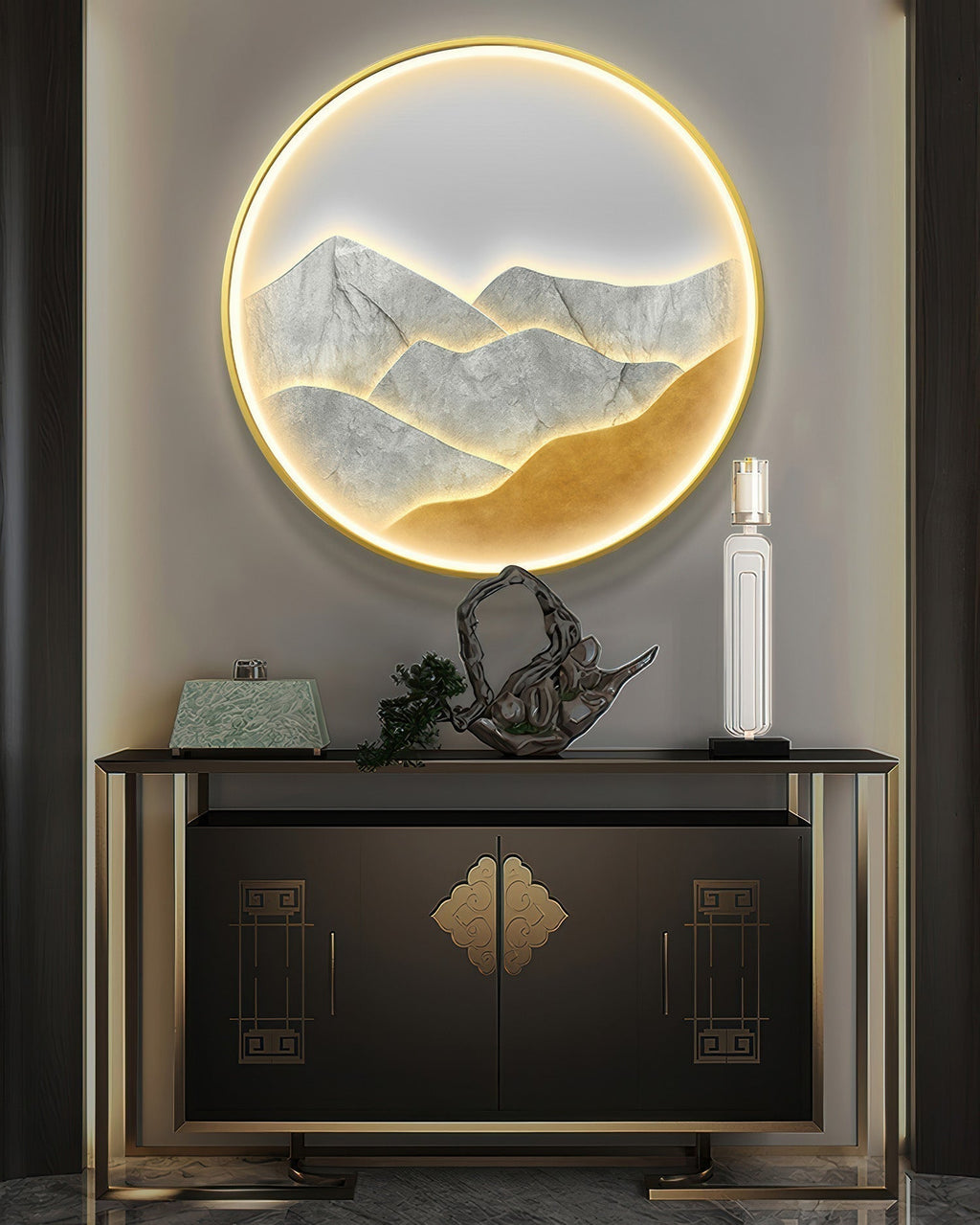 Silhouette Circle Wall Decor With Mountain Refuge Accent In Luxe Style
