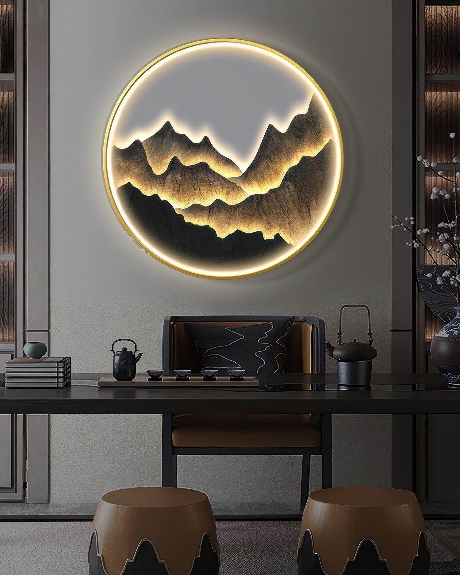 Silhouette Circle Wall Decor With Mountain Refuge Accent In Luxe Style