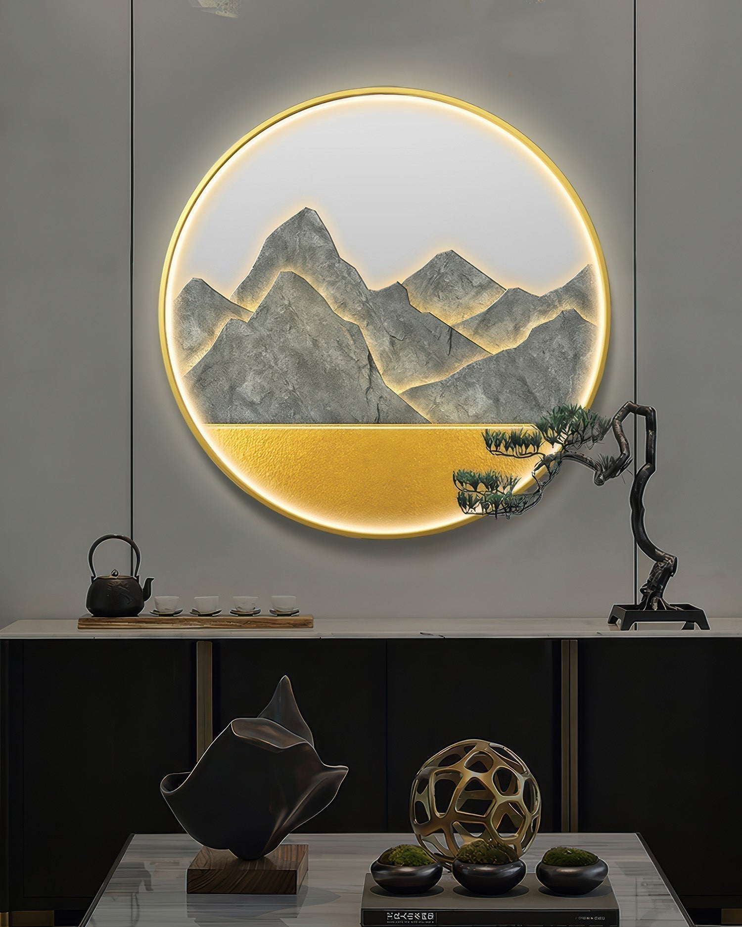 Silhouette Circle Wall Decor With Mountain Refuge Accent In Luxe Style