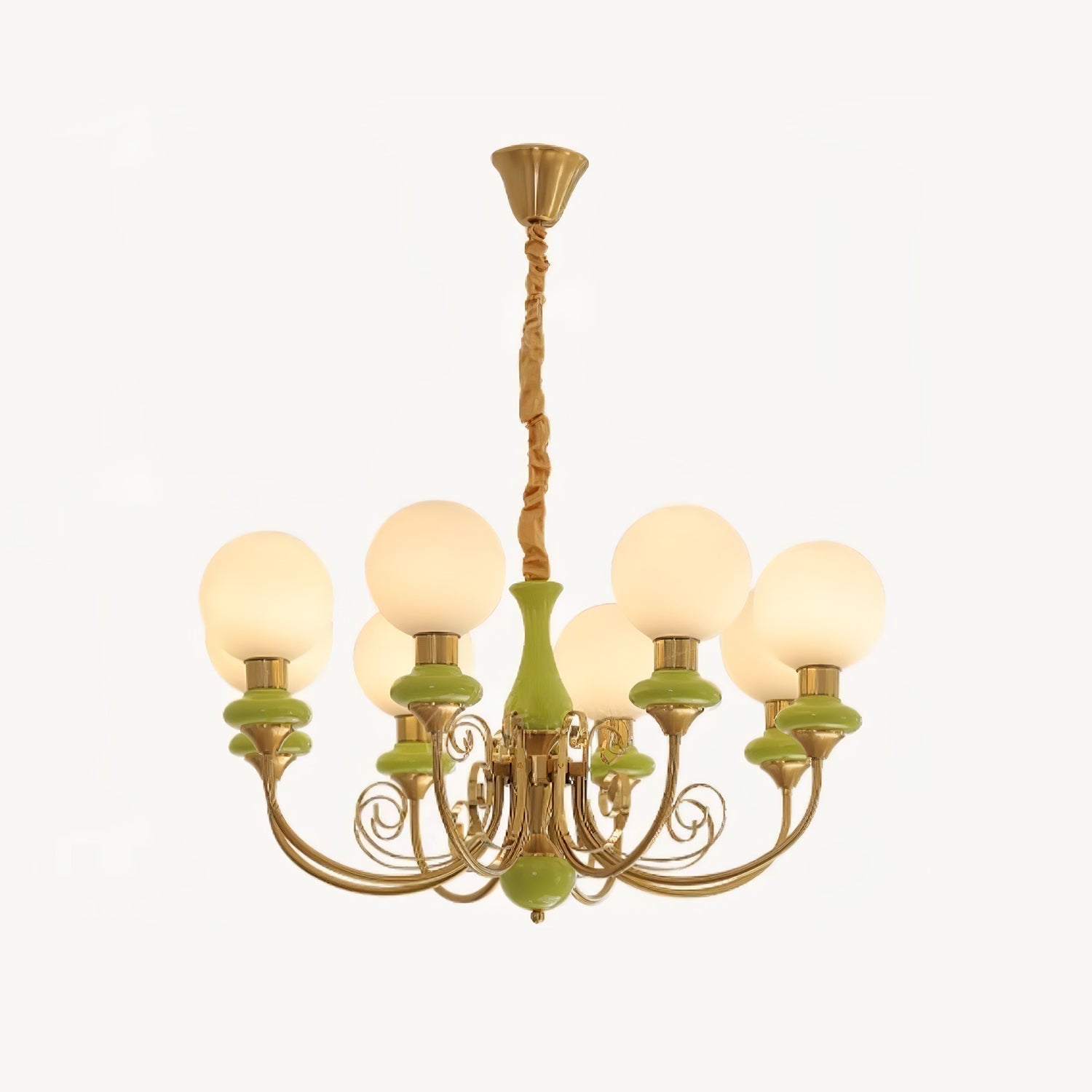 Luxurious Chandelier With Green Glass Shades In Gold Or Black Finish, 3, 5, Or 8 Lights