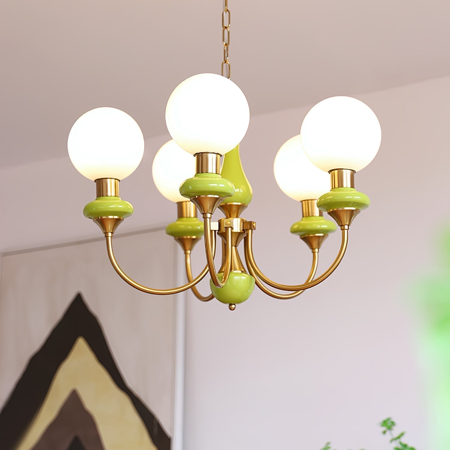 Luxurious Chandelier With Green Glass Shades In Gold Or Black Finish, 3, 5, Or 8 Lights
