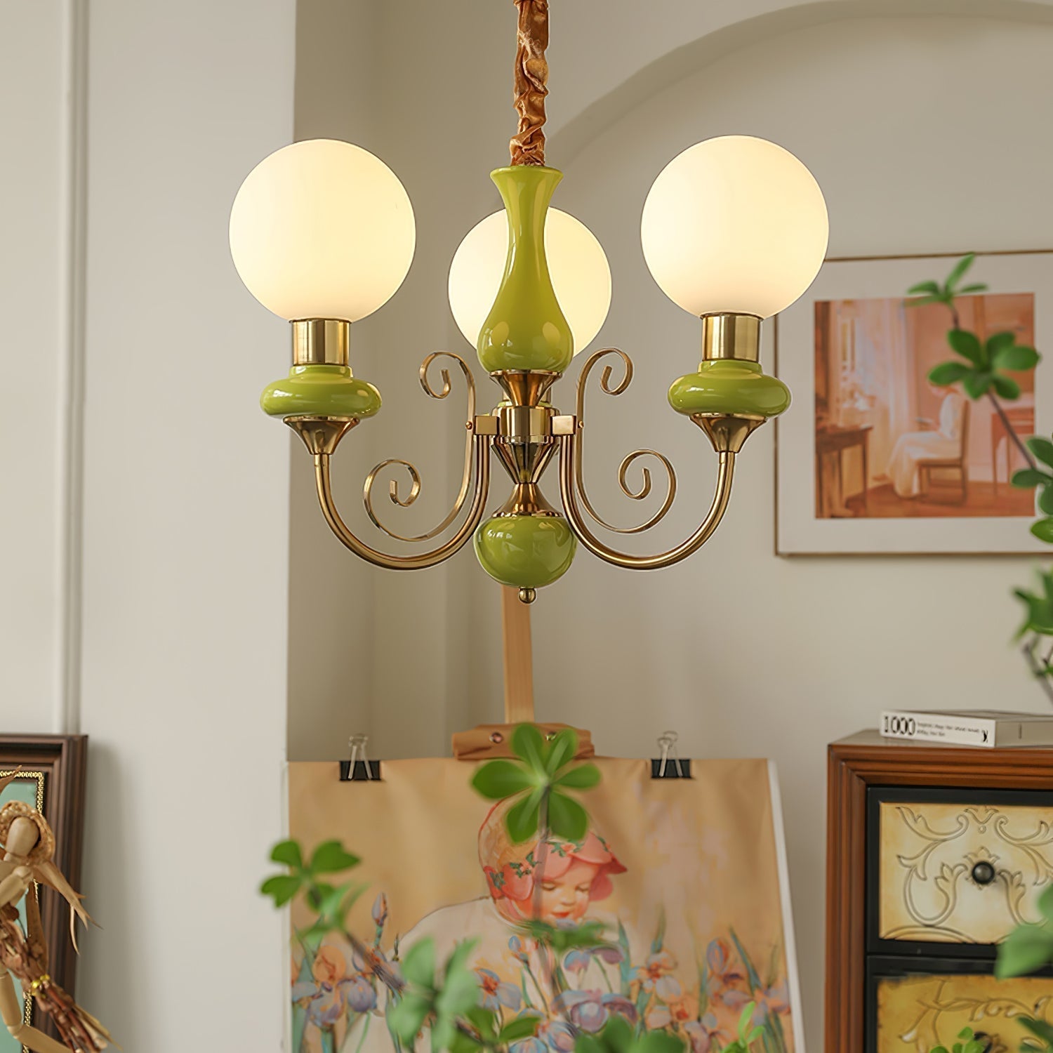 Luxurious Chandelier With Green Glass Shades In Gold Or Black Finish, 3, 5, Or 8 Lights