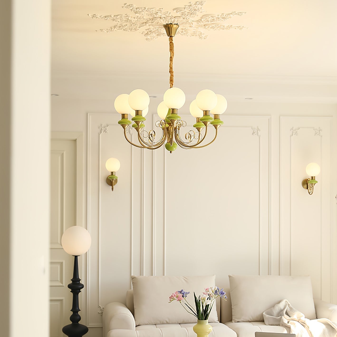 Luxurious Chandelier With Green Glass Shades In Gold Or Black Finish, 3, 5, Or 8 Lights