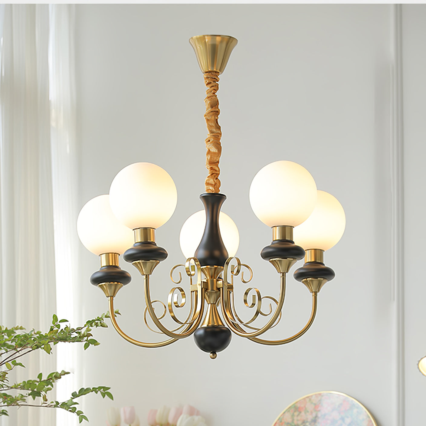 Luxurious Chandelier With Green Glass Shades In Gold Or Black Finish, 3, 5, Or 8 Lights