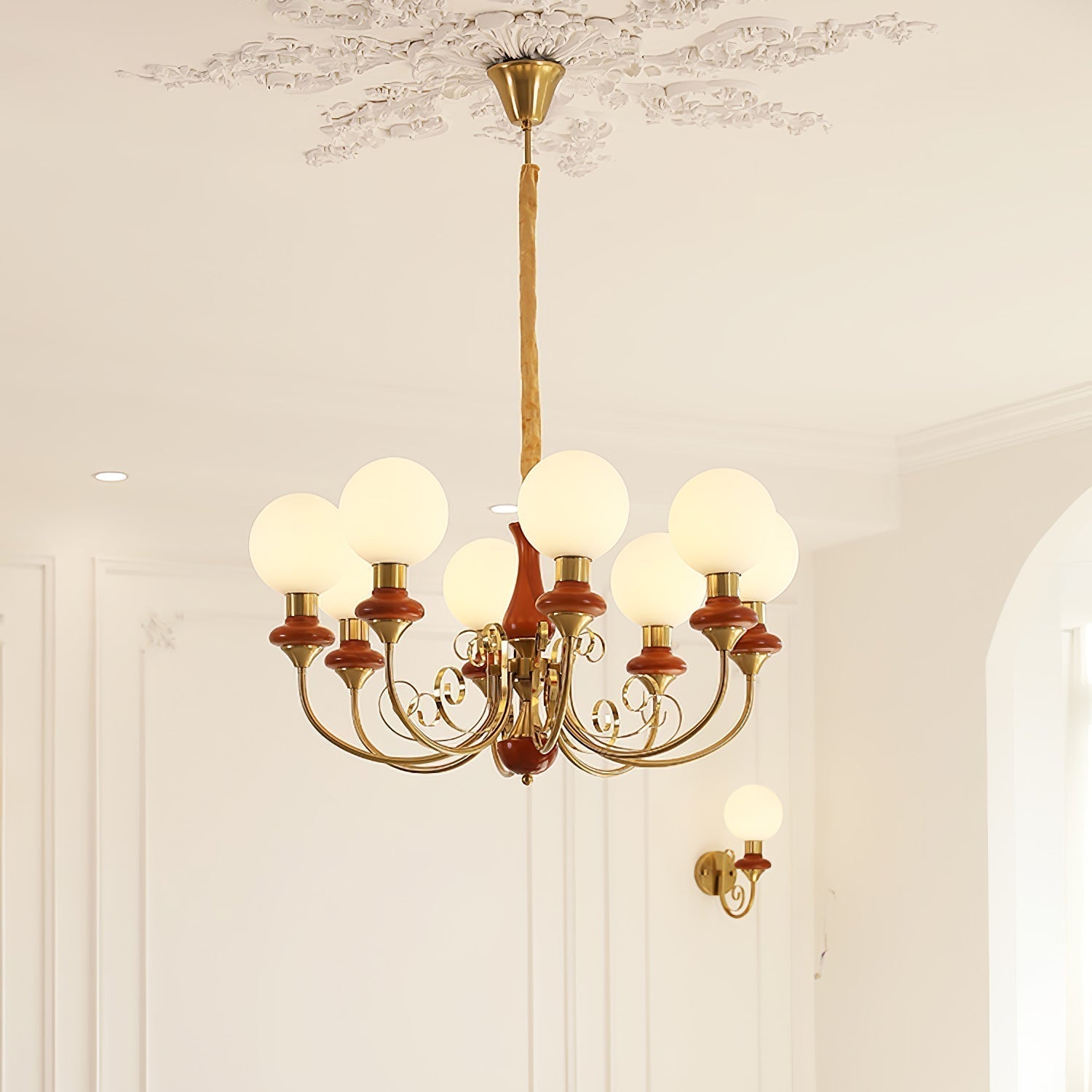 Luxurious Chandelier With Green Glass Shades In Gold Or Black Finish, 3, 5, Or 8 Lights