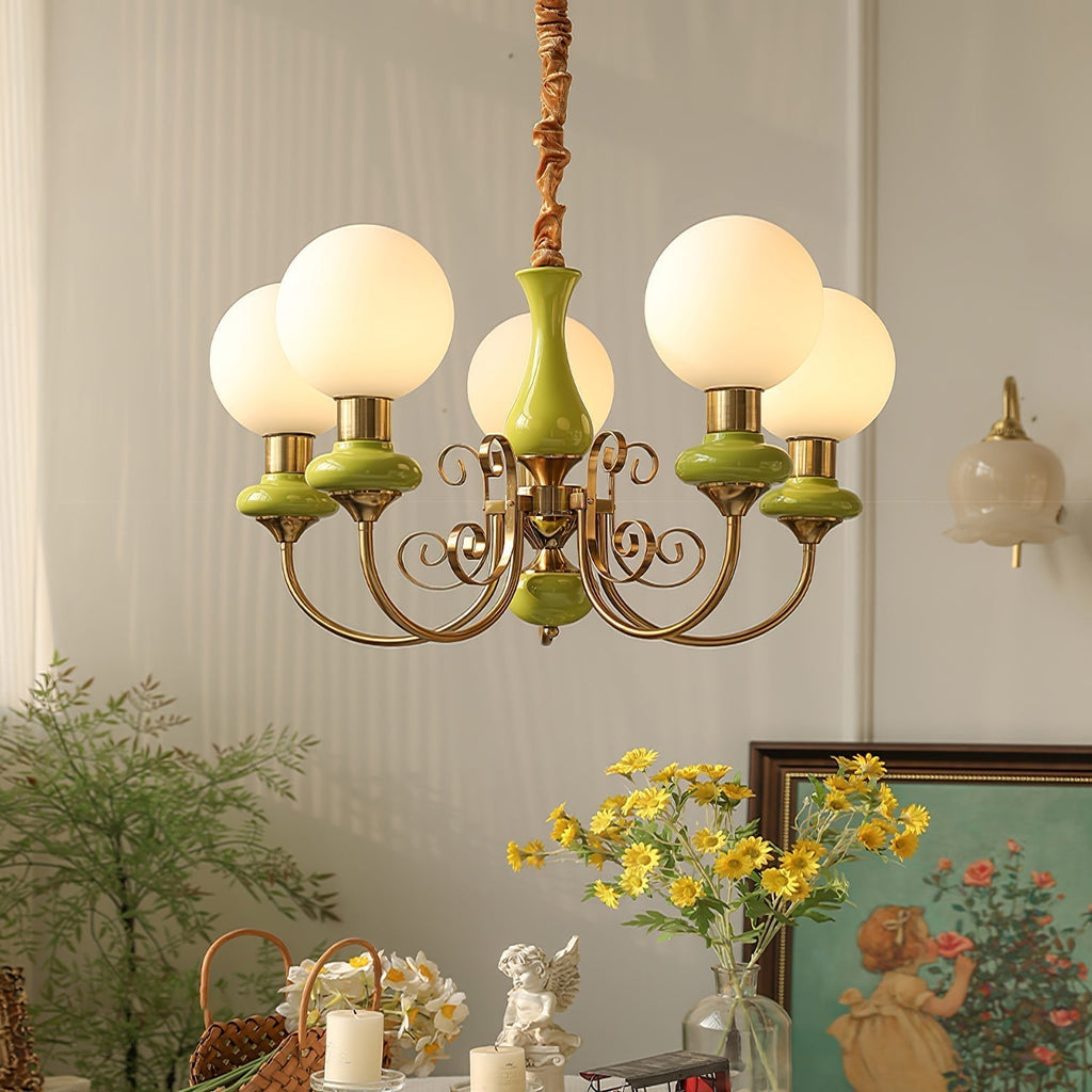 Luxurious Chandelier With Green Glass Shades In Gold Or Black Finish, 3, 5, Or 8 Lights