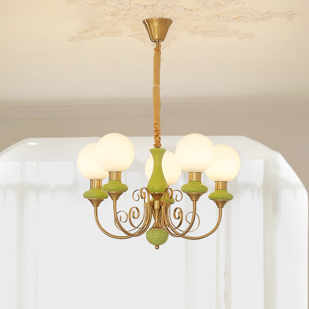 Luxurious Chandelier With Green Glass Shades In Gold Or Black Finish, 3, 5, Or 8 Lights