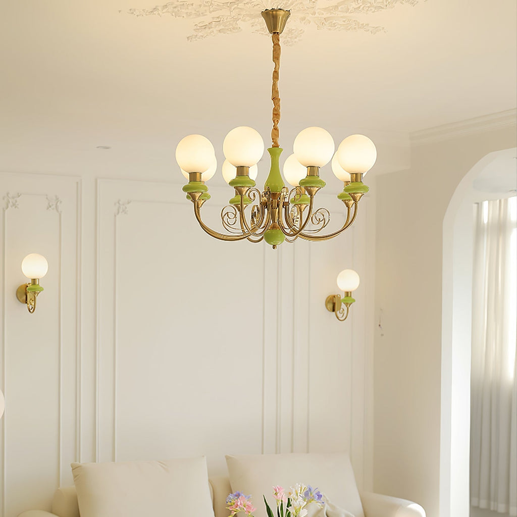 Luxurious Chandelier With Green Glass Shades In Gold Or Black Finish, 3, 5, Or 8 Lights