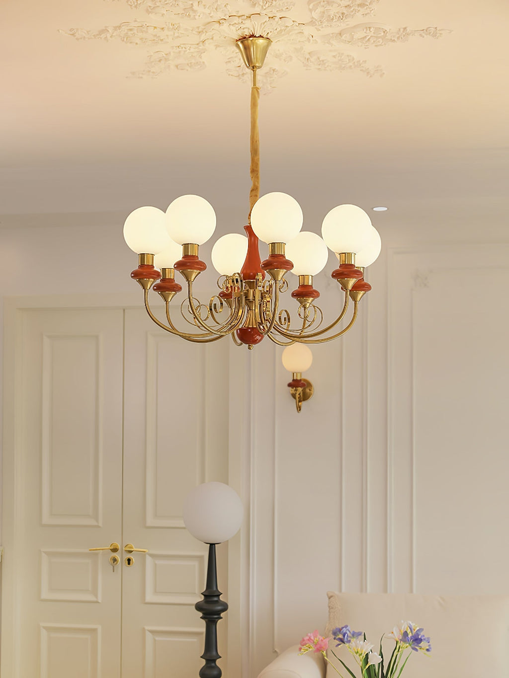 Luxurious Chandelier With Green Glass Shades In Gold Or Black Finish, 3, 5, Or 8 Lights