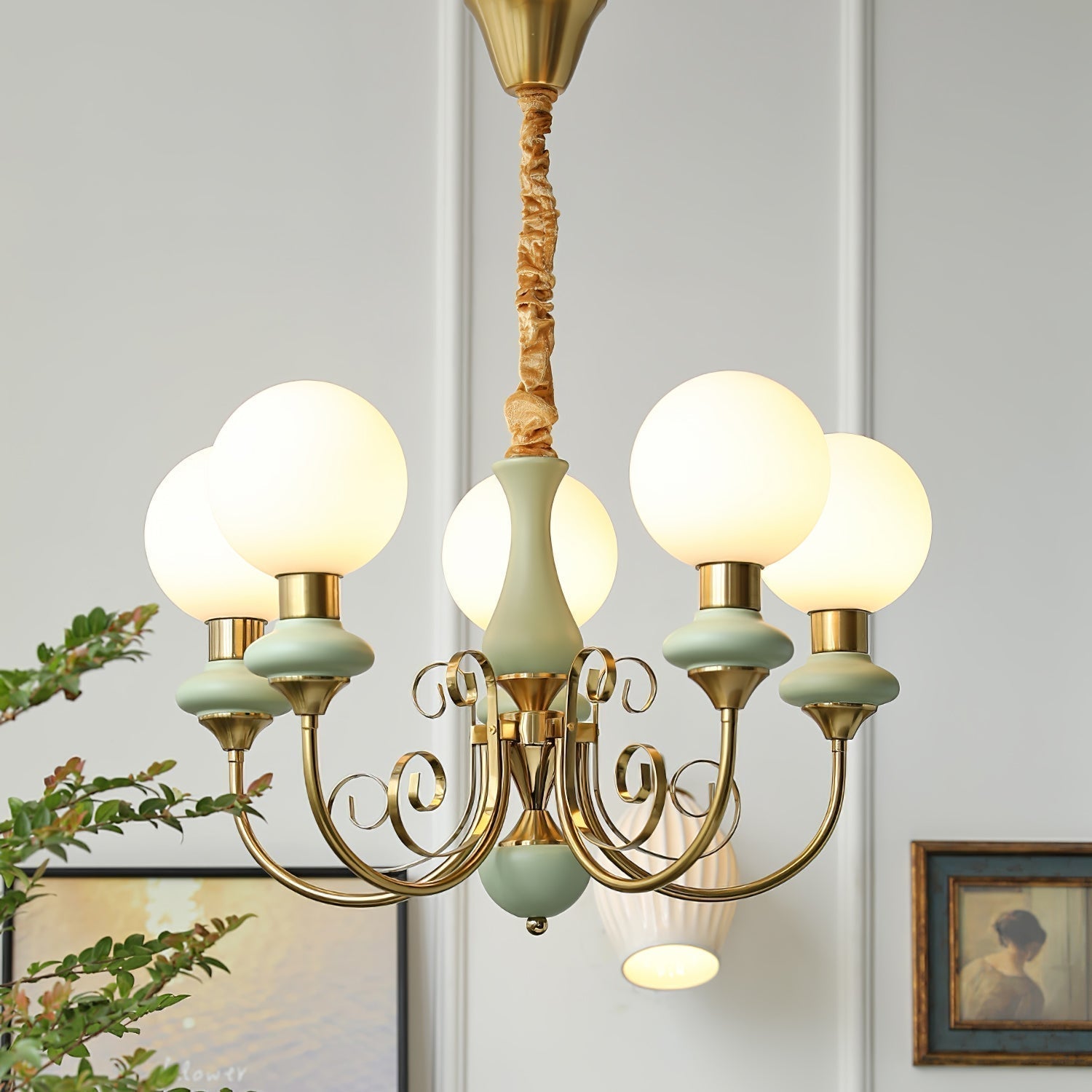 Luxurious Chandelier With Green Glass Shades In Gold Or Black Finish, 3, 5, Or 8 Lights