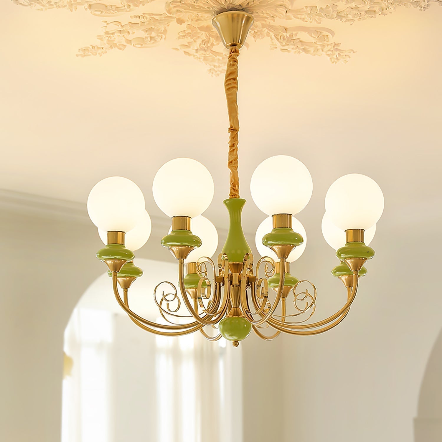 Luxurious Chandelier With Green Glass Shades In Gold Or Black Finish, 3, 5, Or 8 Lights