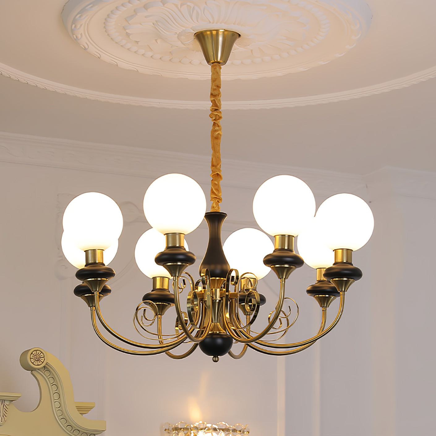 Luxurious Chandelier With Green Glass Shades In Gold Or Black Finish, 3, 5, Or 8 Lights