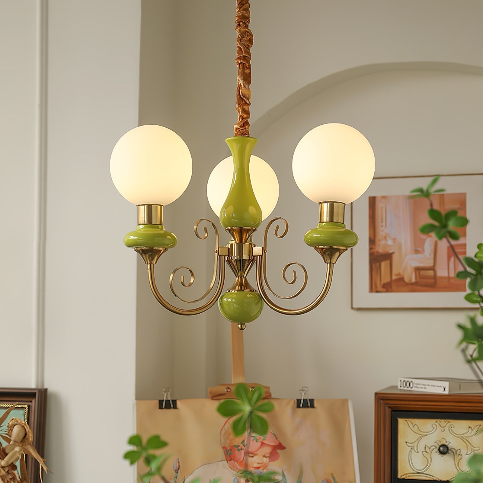 Luxurious Chandelier With Green Glass Shades In Gold Or Black Finish, 3, 5, Or 8 Lights