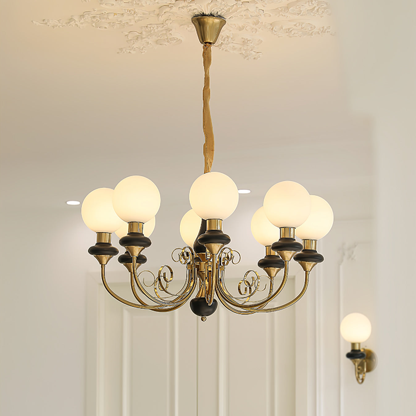 Luxurious Chandelier With Green Glass Shades In Gold Or Black Finish, 3, 5, Or 8 Lights