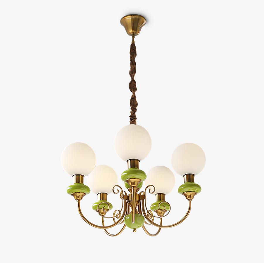 Luxurious Chandelier With Green Glass Shades In Gold Or Black Finish, 3, 5, Or 8 Lights