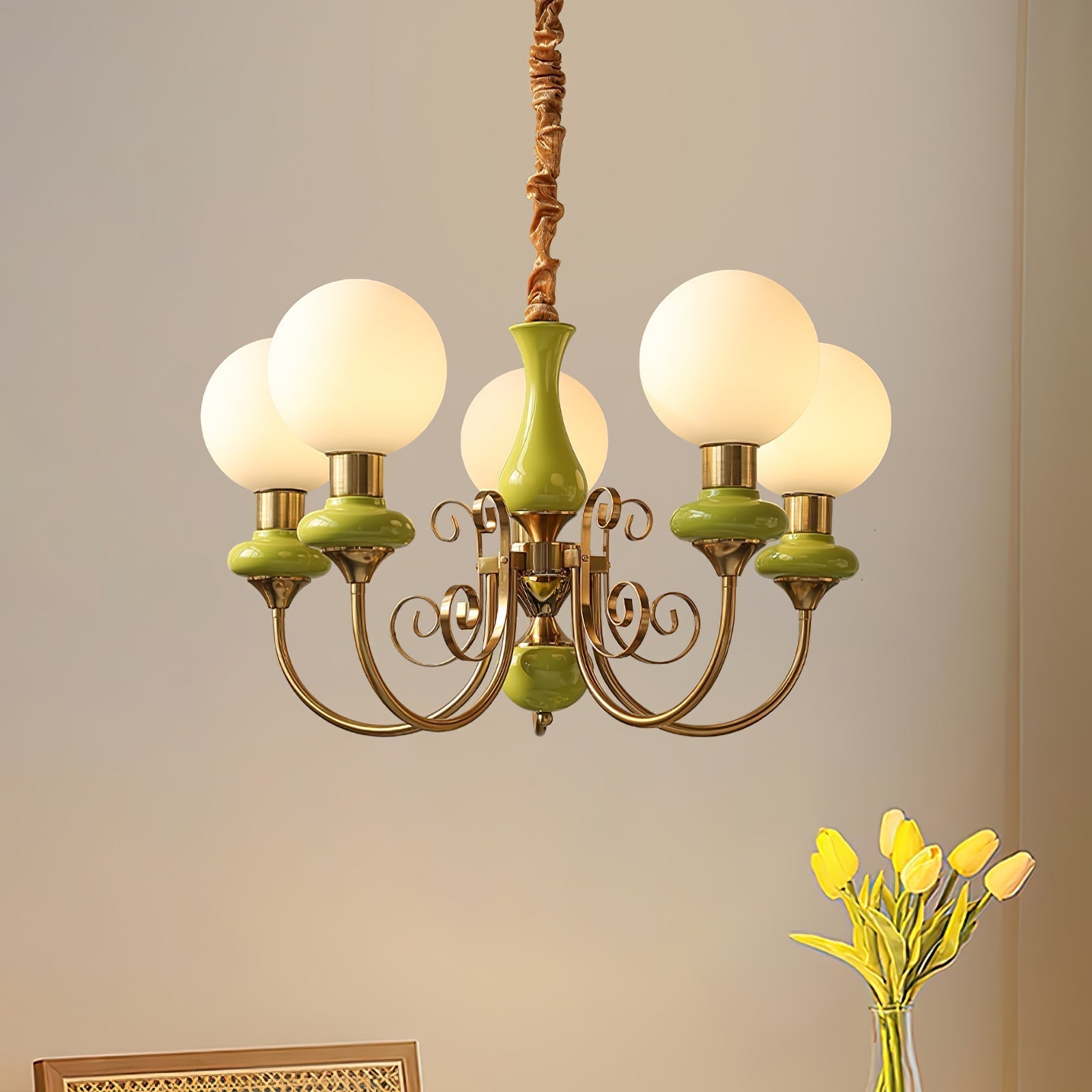Luxurious Chandelier With Green Glass Shades In Gold Or Black Finish, 3, 5, Or 8 Lights