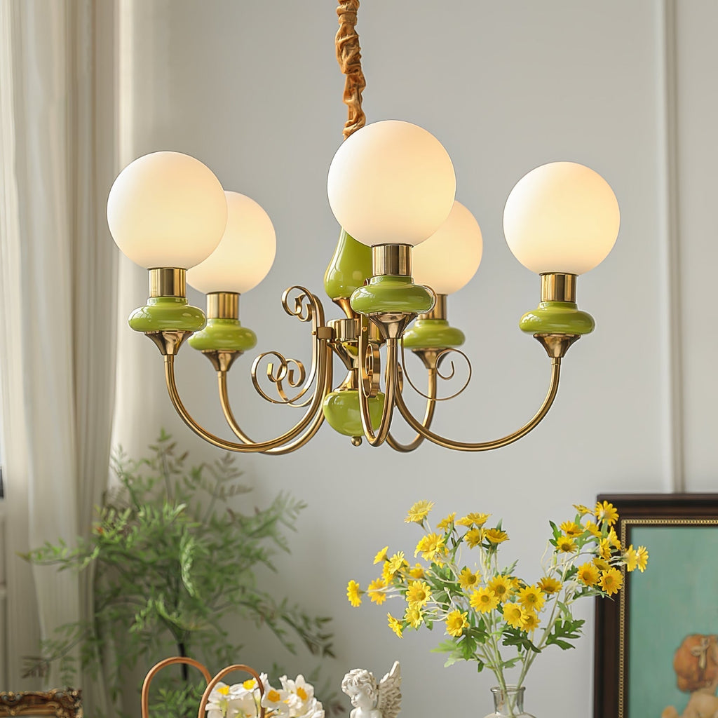 Luxurious Chandelier With Green Glass Shades In Gold Or Black Finish, 3, 5, Or 8 Lights