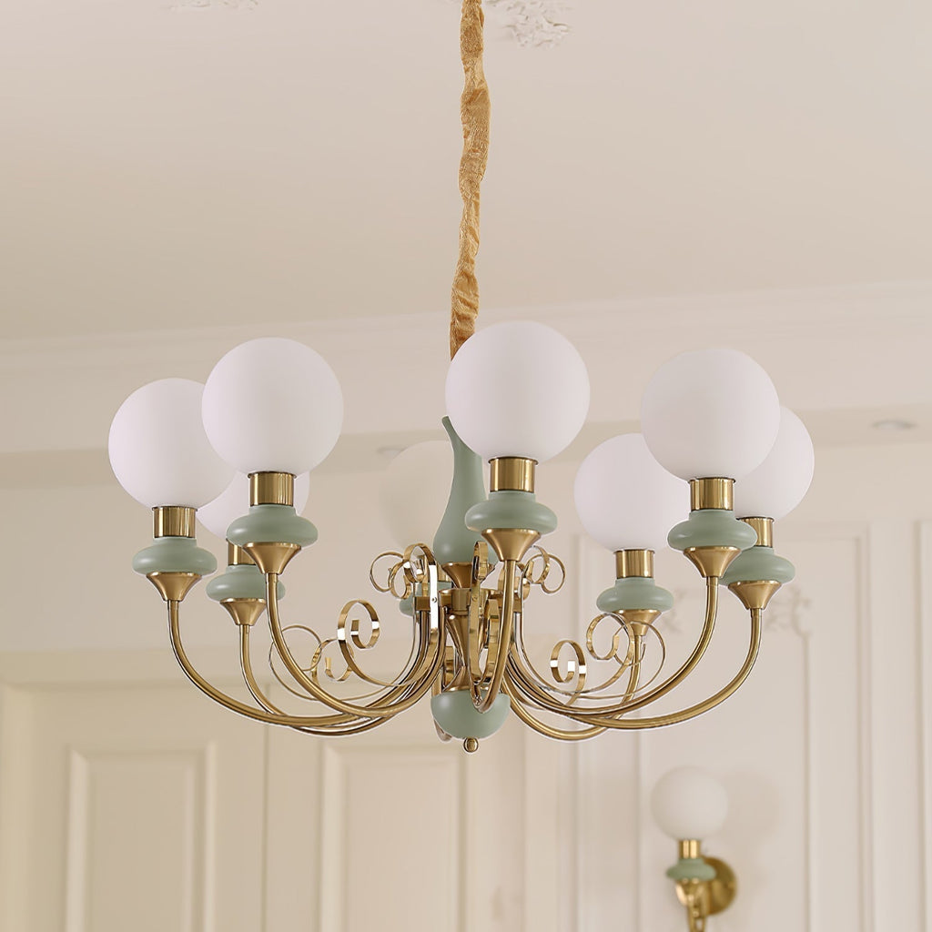 Luxurious Chandelier With Green Glass Shades In Gold Or Black Finish, 3, 5, Or 8 Lights
