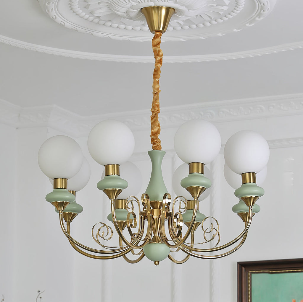 Luxurious Chandelier With Green Glass Shades In Gold Or Black Finish, 3, 5, Or 8 Lights