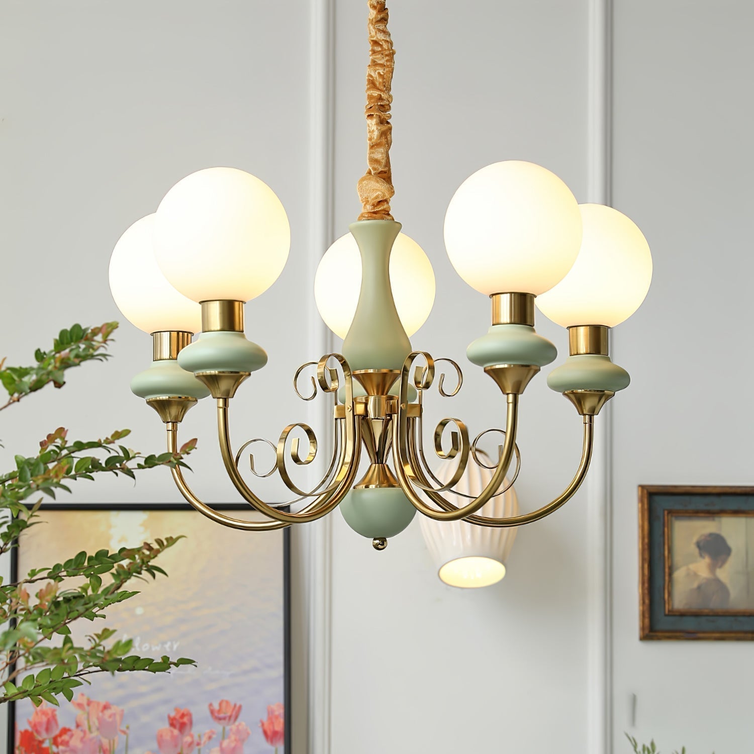 Luxurious Chandelier With Green Glass Shades In Gold Or Black Finish, 3, 5, Or 8 Lights