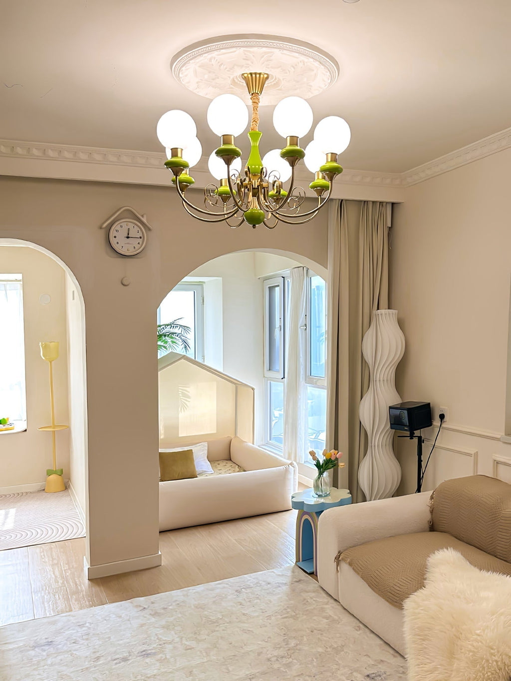 Luxurious Chandelier With Green Glass Shades In Gold Or Black Finish, 3, 5, Or 8 Lights