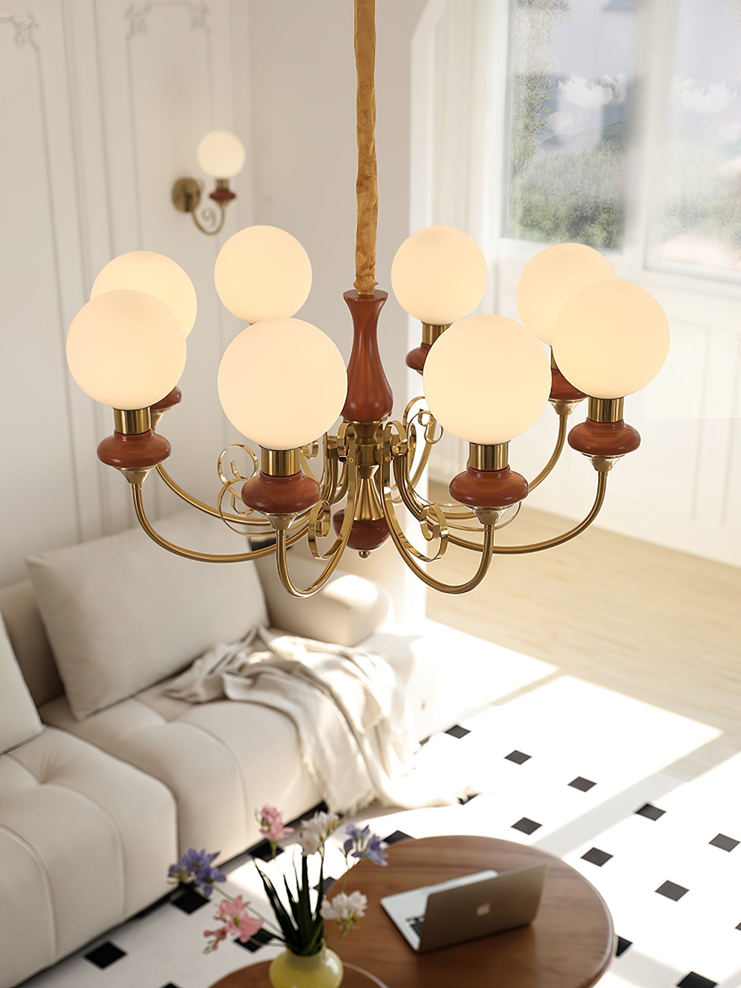 Luxurious Chandelier With Green Glass Shades In Gold Or Black Finish, 3, 5, Or 8 Lights