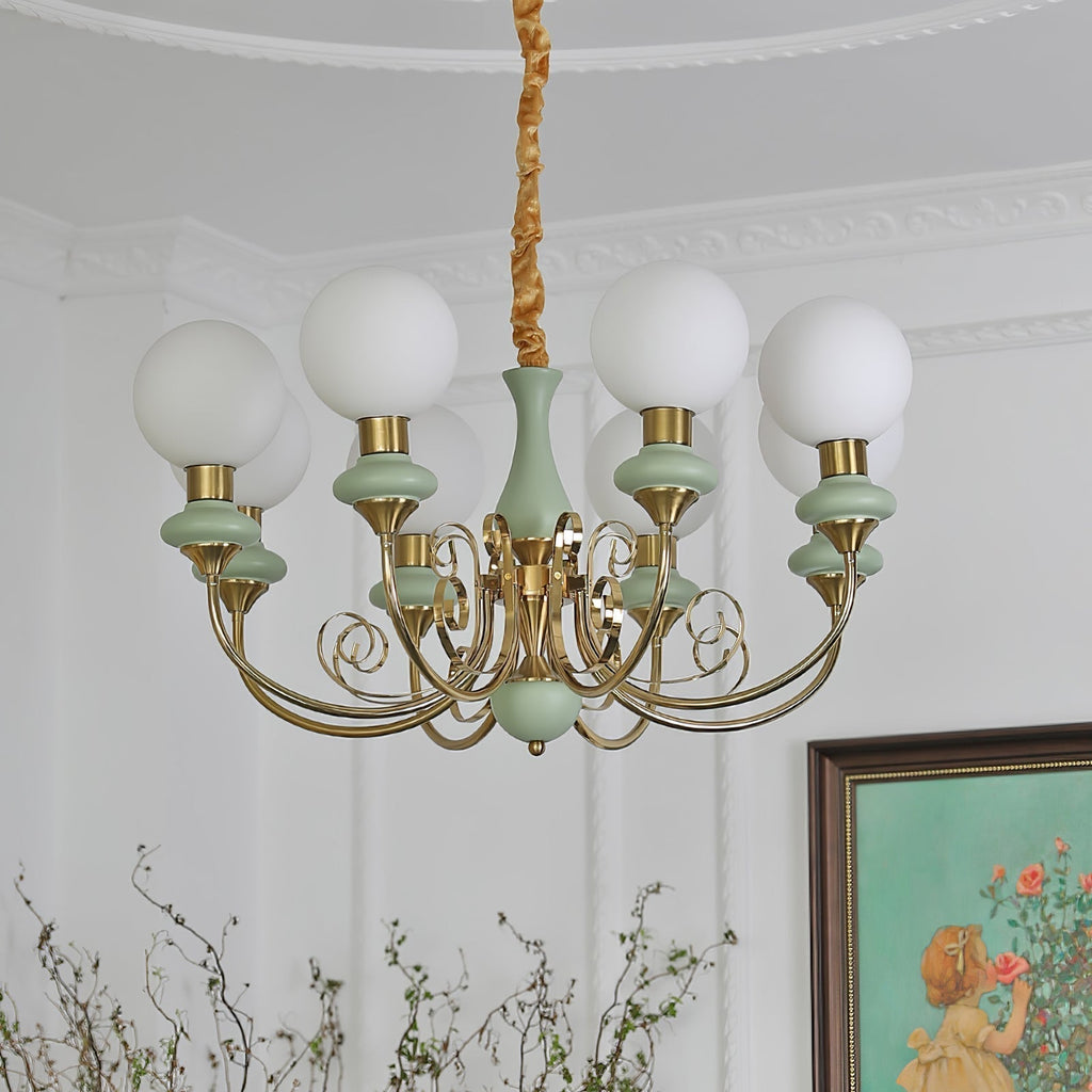 Luxurious Chandelier With Green Glass Shades In Gold Or Black Finish, 3, 5, Or 8 Lights