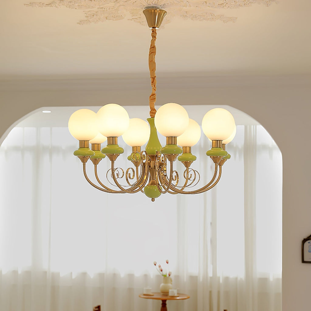Luxurious Chandelier With Green Glass Shades In Gold Or Black Finish, 3, 5, Or 8 Lights
