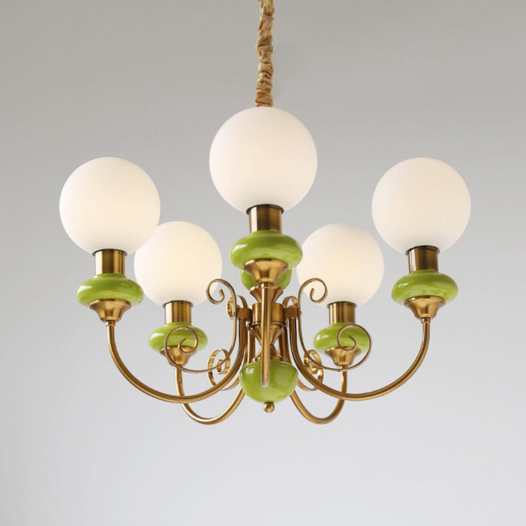 Luxurious Chandelier With Green Glass Shades In Gold Or Black Finish, 3, 5, Or 8 Lights