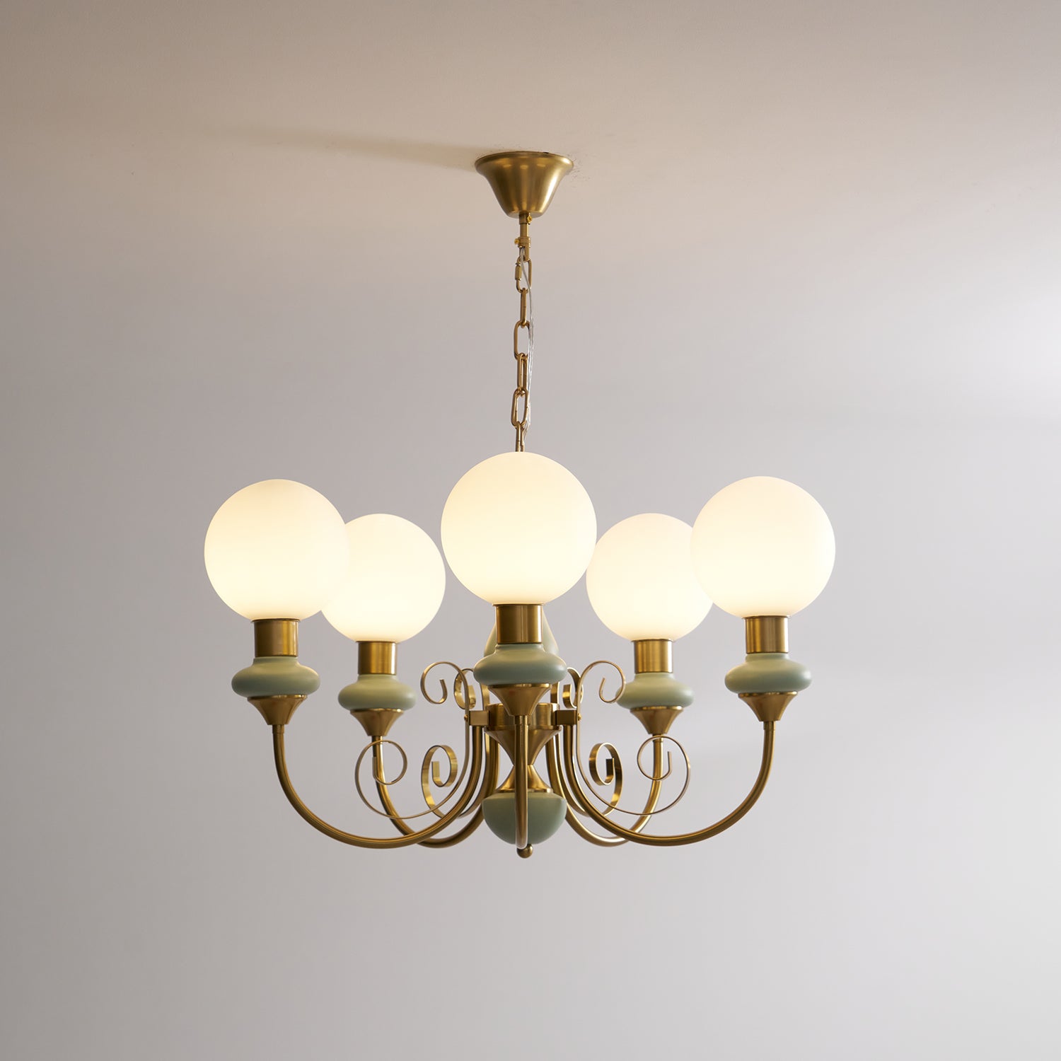 Luxurious Chandelier With Green Glass Shades In Gold Or Black Finish, 3, 5, Or 8 Lights