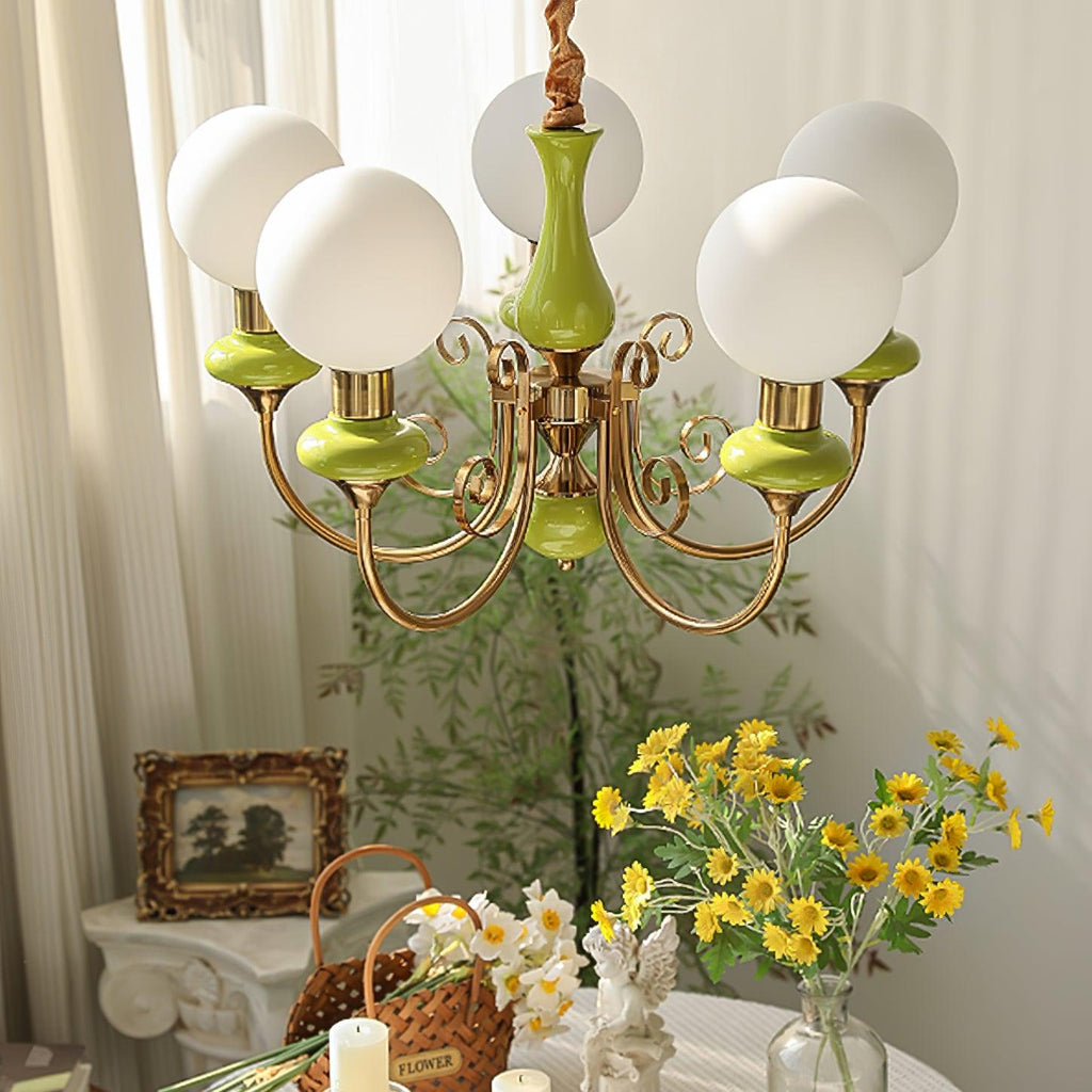 Luxurious Chandelier With Green Glass Shades In Gold Or Black Finish, 3, 5, Or 8 Lights