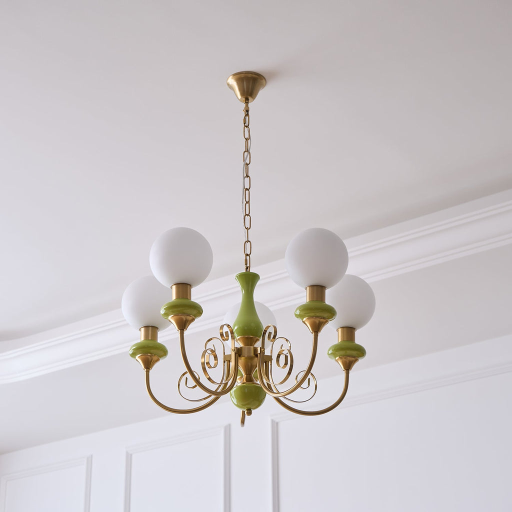 Luxurious Chandelier With Green Glass Shades In Gold Or Black Finish, 3, 5, Or 8 Lights