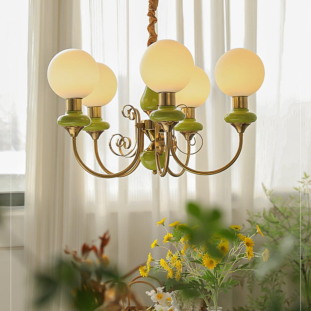 Luxurious Chandelier With Green Glass Shades In Gold Or Black Finish, 3, 5, Or 8 Lights