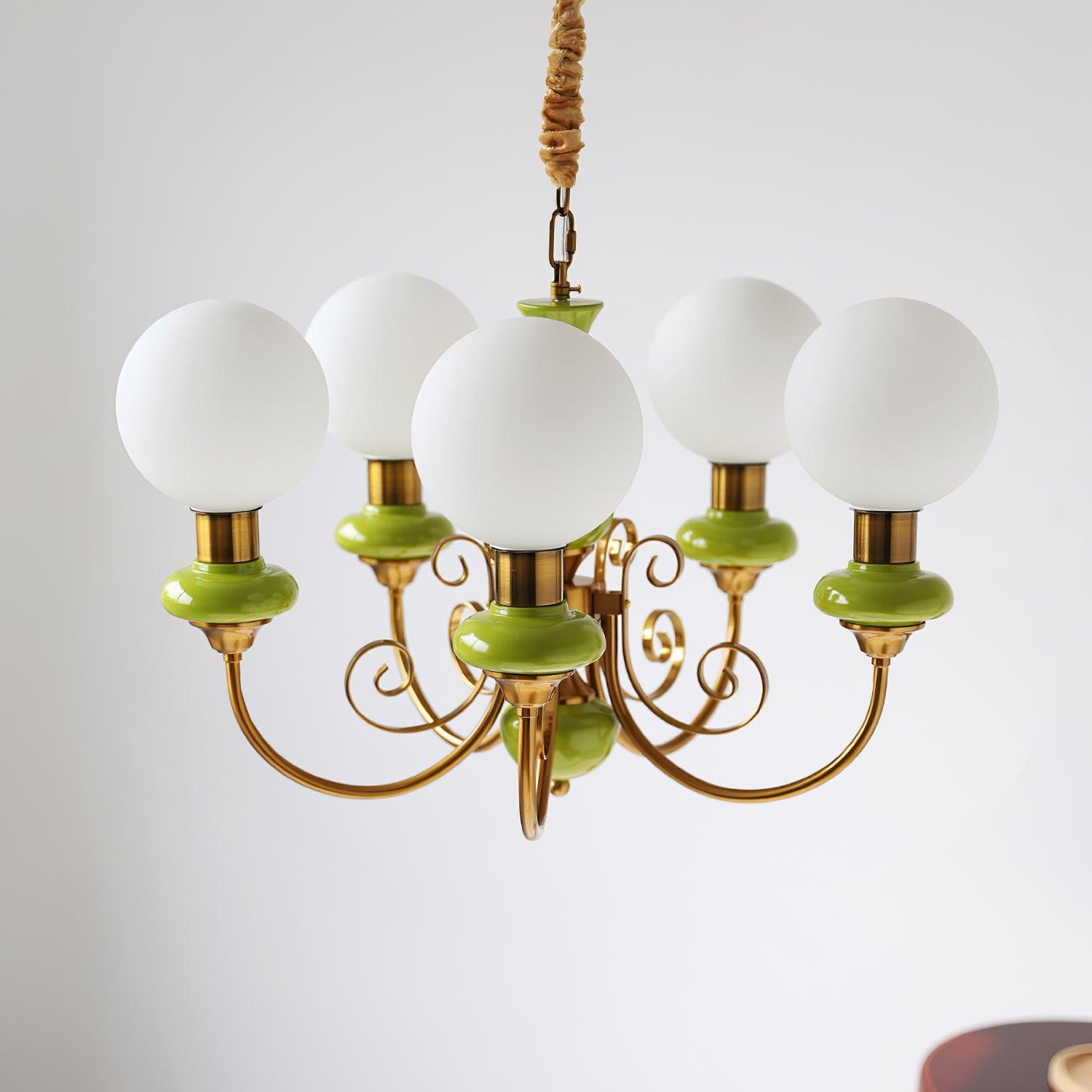 Luxurious Chandelier With Green Glass Shades In Gold Or Black Finish, 3, 5, Or 8 Lights