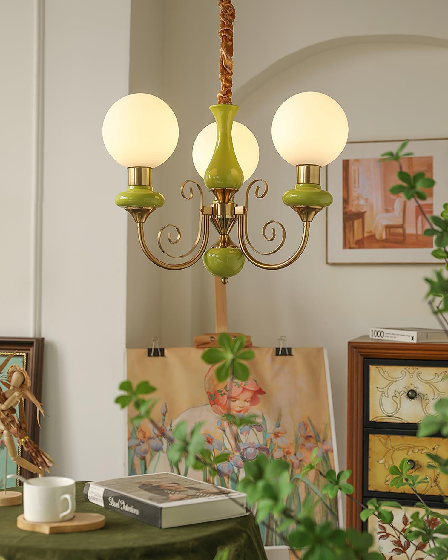 Luxurious Chandelier With Green Glass Shades In Gold Or Black Finish, 3, 5, Or 8 Lights