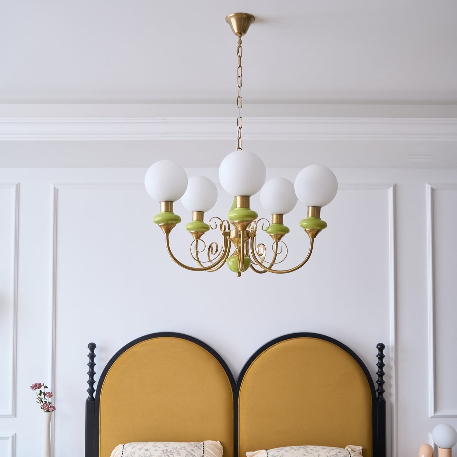 Luxurious Chandelier With Green Glass Shades In Gold Or Black Finish, 3, 5, Or 8 Lights