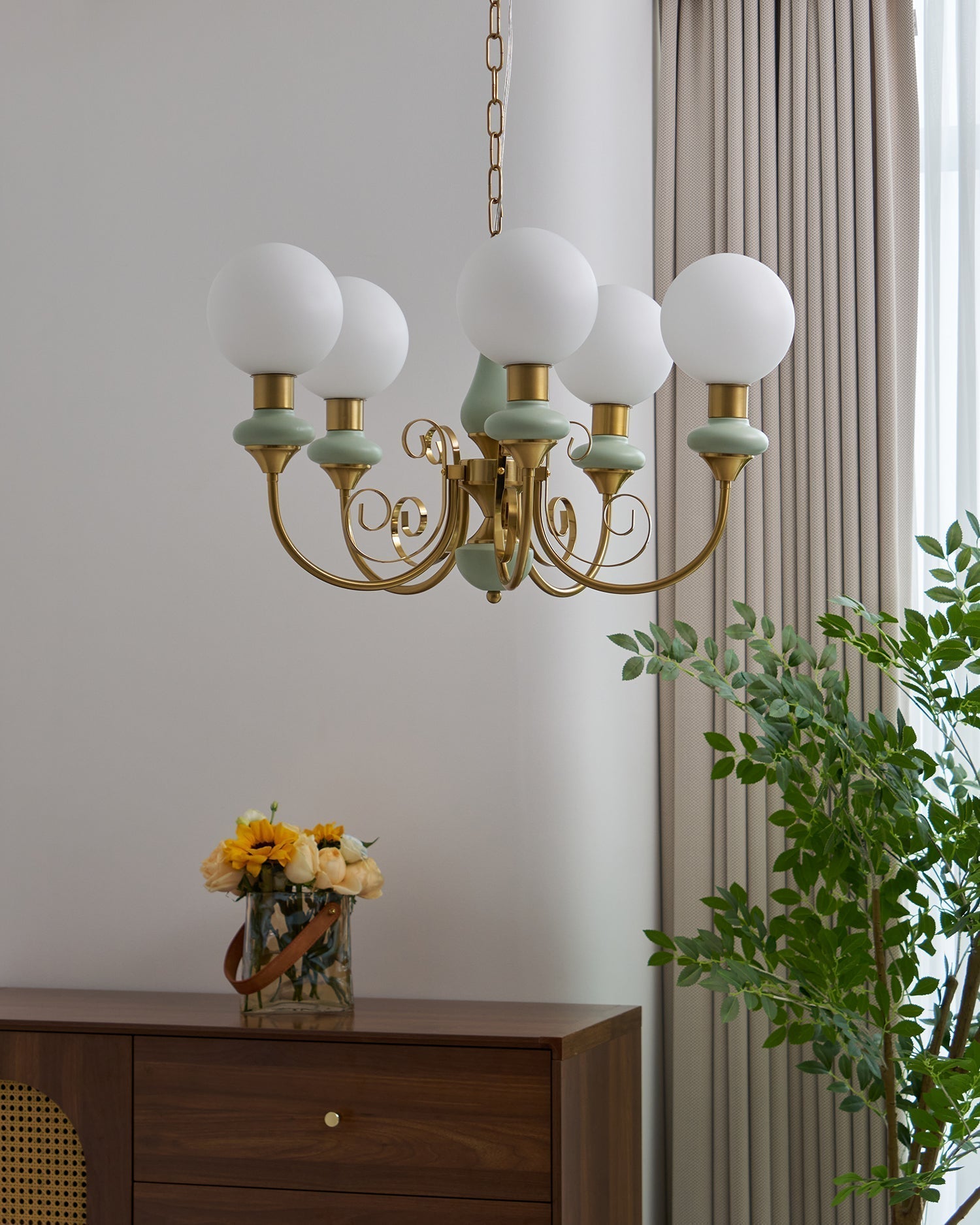 Luxurious Chandelier With Green Glass Shades In Gold Or Black Finish, 3, 5, Or 8 Lights