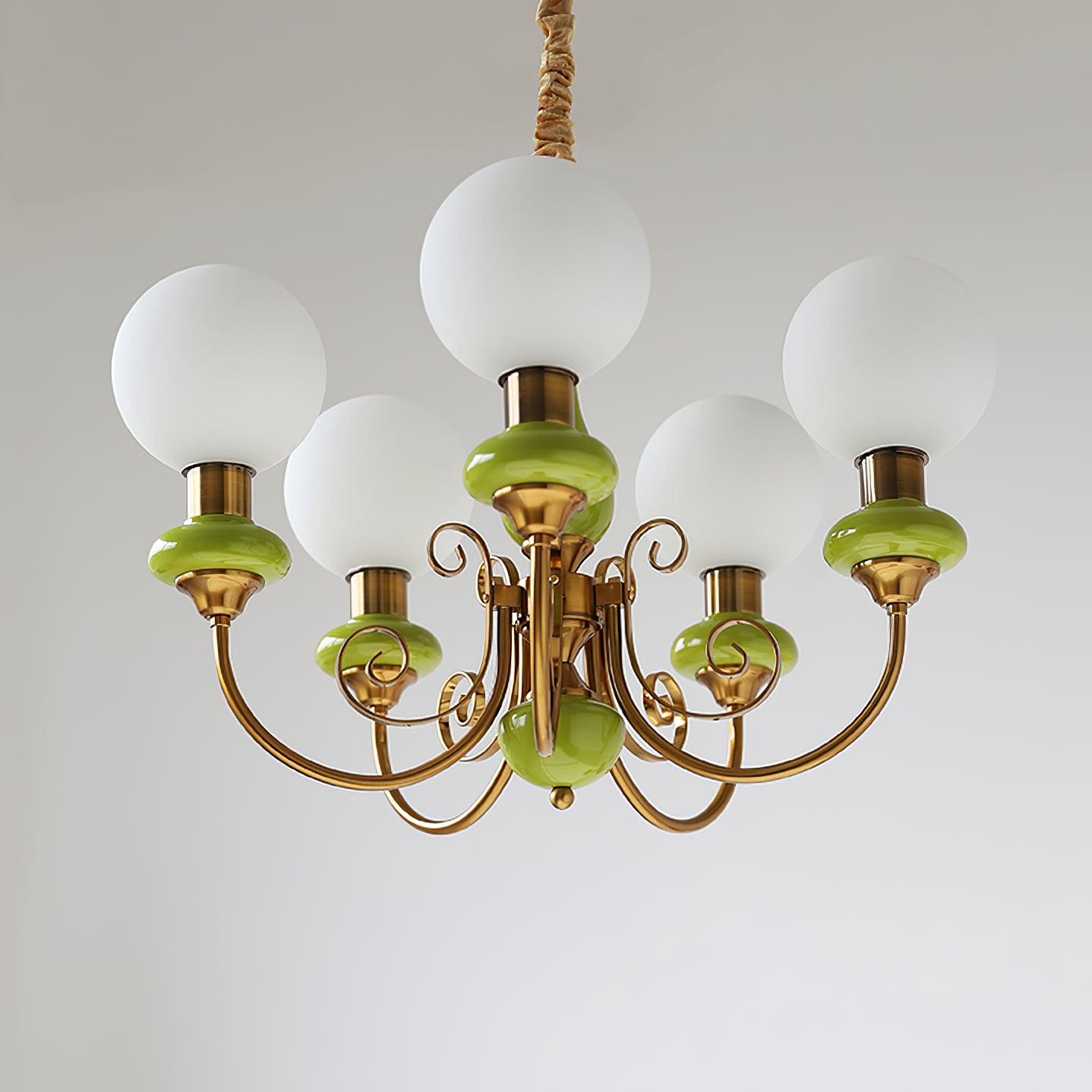 Luxurious Chandelier With Green Glass Shades In Gold Or Black Finish, 3, 5, Or 8 Lights